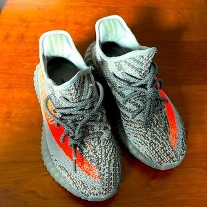 Yeezy Boost 350s in grey and orange